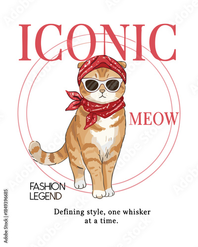 Stylish cat vector illustration wearing sunglasses and a bandana, perfect for fashion blogs and trendy apparel designs and print media