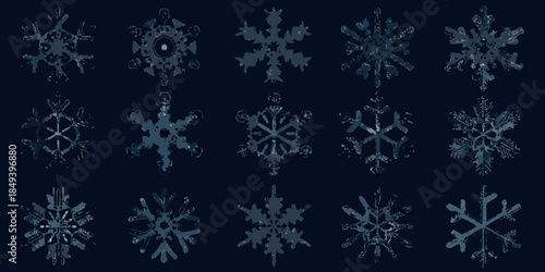 An assortment of detailed snowflake illustrations against a dark blue background