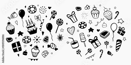 A delightful collection of hand drawn birthday themed doodles and illustrations