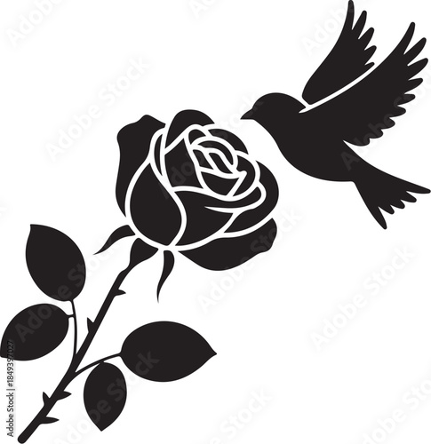 Black silhouette of a rose with a bird in flight flower