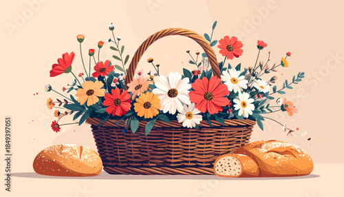 A charming woven basket brimming with a vibrant assortment of colorful spring flowers and fresh baked bread.