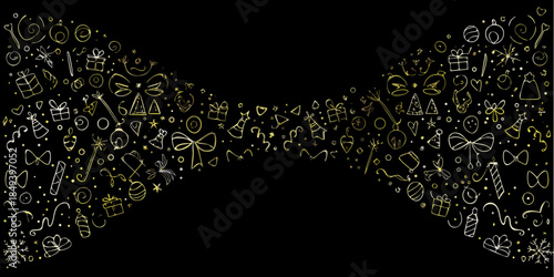 A golden array of festive doodles forming a dynamic flowing shape