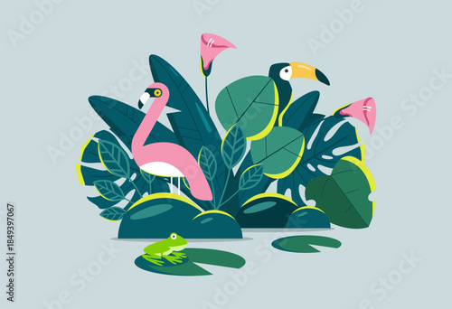 Illustration of a wetland ecosystem. Amphibian habitat in nature