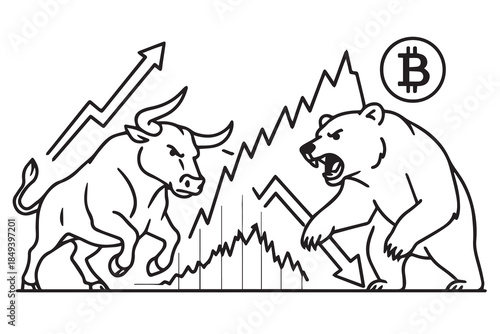 A modern vector illustrates bullish and bearish crypto charts for Bitcoin, showing rising and falling trends that represent market volatility, trading dynamics, and digital financial movement.