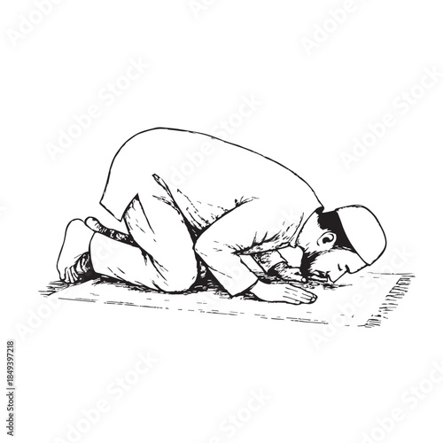 A peaceful vector illustration shows a Muslim man praying on a prayer mat, performing sujud with humility, symbolizing faith, devotion, spiritual focus, and calm inner reflection.