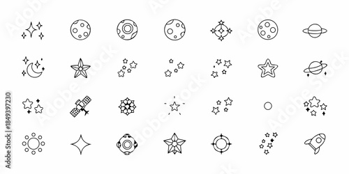 Collection of minimalist space icons including planets stars and spacecraft