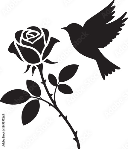 Black silhouette of a rose with leaves and a flying bird
