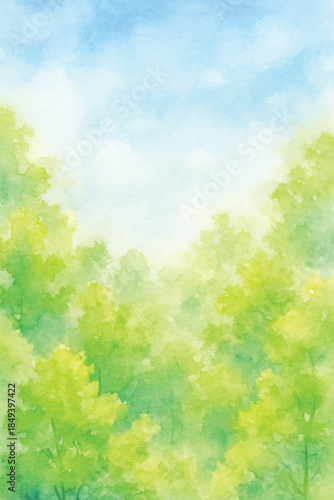 watercolor green forest and blue sky background