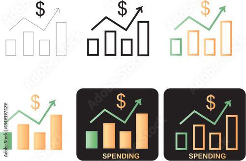 Minimalist spending and financial growth icons, depicting rising bar charts with a dollar sign, perfect for business analytics and investment concepts