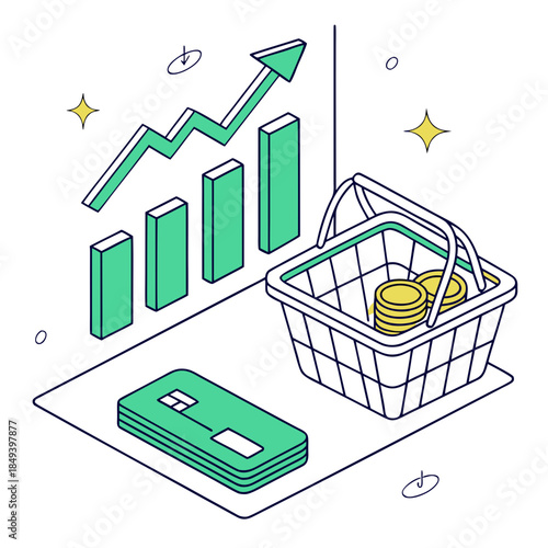 Isometric E-commerce Growth Concept with Shopping Basket, Credit Card, and Rising Financial Bar Chart