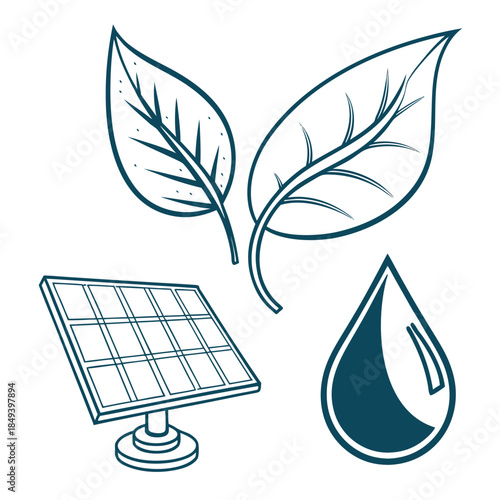 Sustainable Energy Vector Illustration Featuring Solar Panel, Green Leaves, and Water Drop Outline Icons