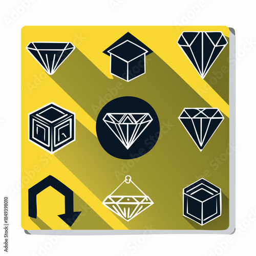 Geometric diamond icons arranged in a circular pattern on a yellow and green gradient background with a 3D effect