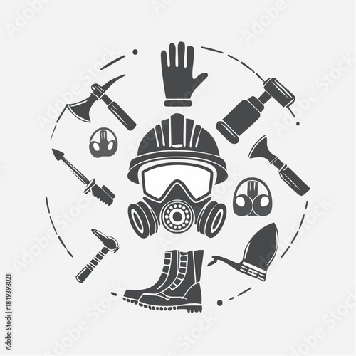 A collection of safety equipment and tools surrounding a gas mask and protective gear