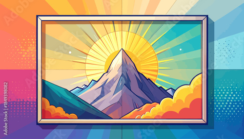 Vibrant Mountain Peak Under a Radiant Sunburst A Captivating Landscape Illustration