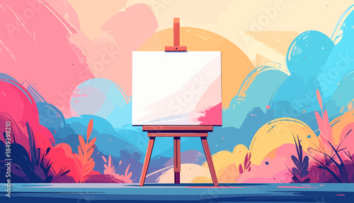 A blank white canvas on an wooden easel stands ready for artistic expression amidst a vibrant, abstract landscape, symbolizing new beginnings and creative potential