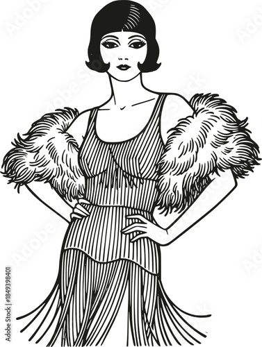 Vintage woodcut illustration of a 1920s flapper woman. Elegant retro fashion with fringed dress and fur stole, isolated on white. Art deco era style, roaring twenties glamour and lifestyle.
