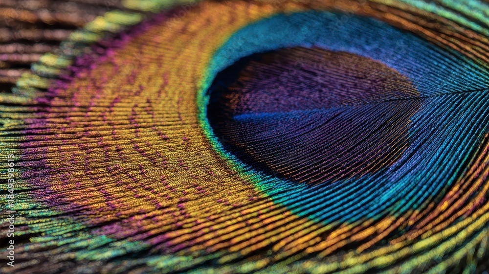 Obraz premium Close-up of a vibrant peacock feather showcasing intricate patterns and iridescent colors; texture detail visible