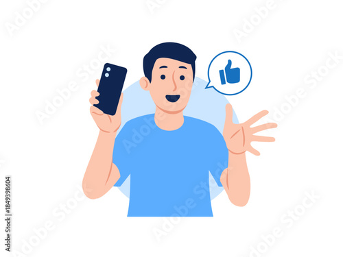 Young male gadget phone tech reviewer vlogger holding a smartphone explaining presenting to viewers