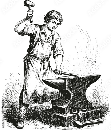 Description
Vintage woodcut illustration of a blacksmith at work. Antique metalworker forging iron on an anvil with a hammer, isolated on white. Retro manual labor, artisan craft, and industrial histo