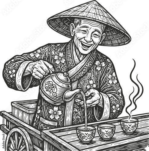Vintage woodcut illustration of a traditional tea merchant. Elderly man in a conical hat pouring tea from a teapot into cups on a wooden cart, isolated on white. Retro cultural heritage.