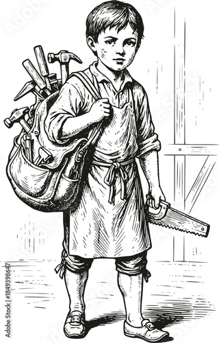Vintage woodcut illustration of a young apprentice boy with a tool bag and saw. Historical child laborer in a workshop setting, isolated on white. Retro industrial era craftsmanship.