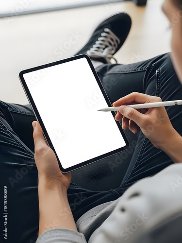 Mockup Tablet dengan Layar Kosong, Seseorang Menggunakan Pena Stylus untuk Menggambar atau Menulis