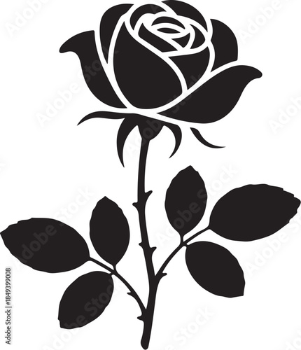 Black silhouette of a single rose with stem and leaves