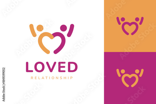 Couple Love Logo Design, Abstract Two Happy People Forming Heart Shape for Dating App and Relationship