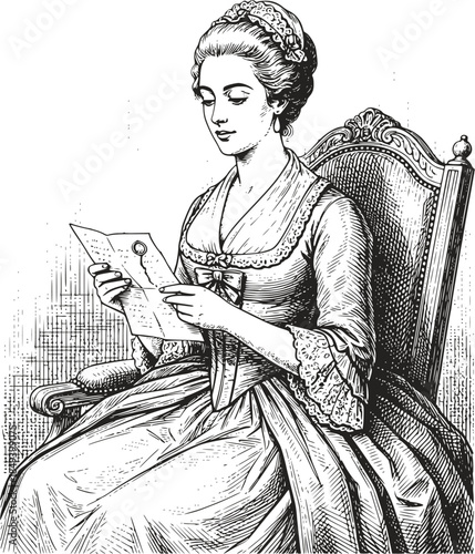 Vintage woodcut illustration of an elegant 18th-century woman sitting in a classical chair reading a letter. Detailed retro feminine portrait, isolated on white background.
