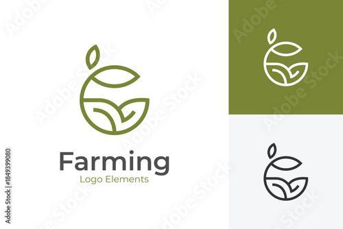 Farming Nature Leaf Logo Design, Abstract Green Plant and Circle field for Agriculture and Organic Brand