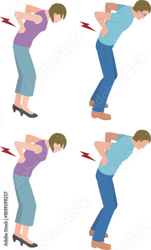 腰が痛むミドルの男性と女性のイラスト
