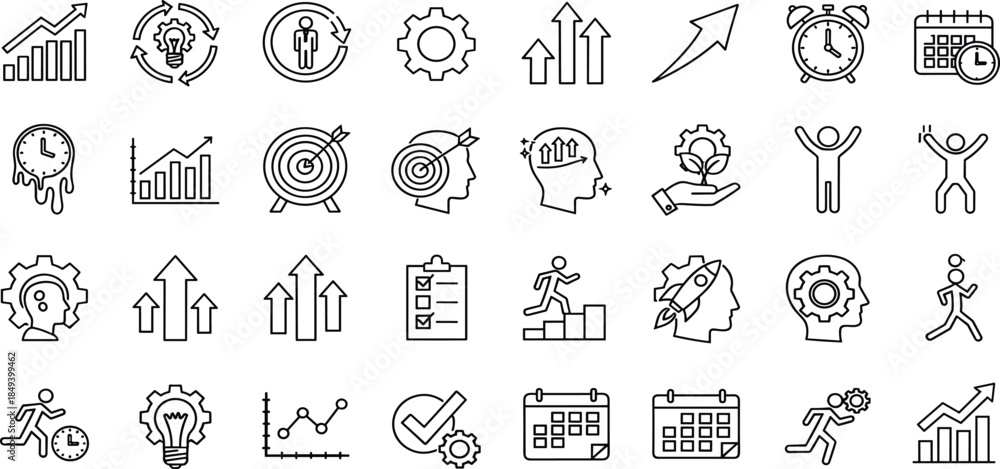 Fototapeta premium Productive business growth, time management, personal development, setting goals, success, achievement, workflow optimization, strategy planning, and efficiency concept icons