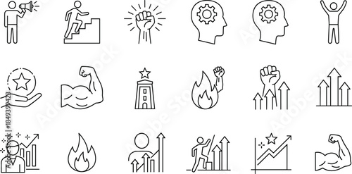 Personal Power, Business Success, and Motivation Outline Icons Set: Strength, Goal Achievement, Leadership, Career Ladder, Financial Growth, Development, Inspiration, and Triumph Concept