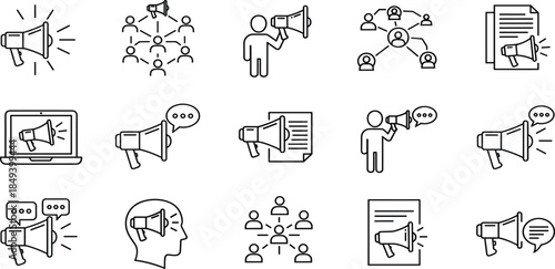 Digital marketing, public relations, advertising, social network communication, viral announcement, media promotion, and loud speaker outline vector icon set