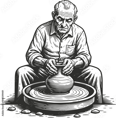 Vintage woodcut illustration of an elderly Asian musician playing a traditional bamboo flute. Detailed retro portrait of a cultural performer, isolated on a white background.