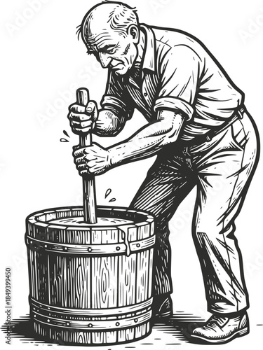 Vintage woodcut illustration of a potter artisan meticulously shaping a clay vessel on a traditional pottery wheel. Detailed retro ceramic workshop scene, isolated on white background.