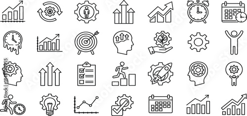 Business Success, Time Management, Workflow Efficiency, Strategic Planning, Personal Growth, Productivity, Goals, and Achievement Outline Vector Icon Set