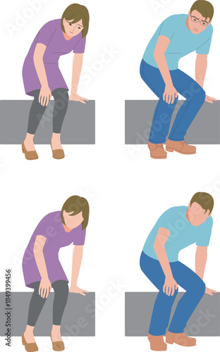 立ち上がる時、膝が痛むミドルの男性と女性のイラスト