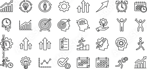 Productive business growth, time management, personal development, setting goals, success, achievement, workflow optimization, strategy planning, and efficiency concept icons