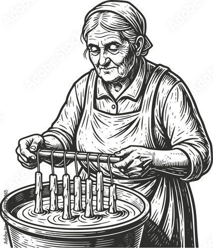 Vintage woodcut illustration of an elderly artisan using a wooden plunger to churn butter in a traditional rustic barrel. Retro manual labor scene, isolated on white background.