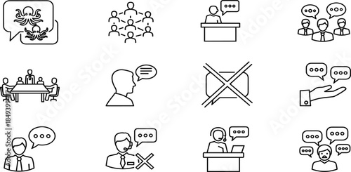 Business Communication Line Icons, Group Discussion, Customer Service, Conference Meeting, Team Talk, Miscommunication and Chat Feedback Vector Set