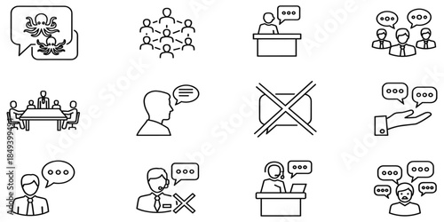 Business Communication Line Icons, Group Discussion, Customer Service, Conference Meeting, Team Talk, Miscommunication and Chat Feedback Vector Set