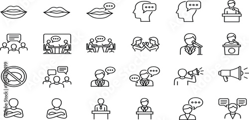 Communication and Speech Line Icons, Discussion, Public Speaking, Conversation, Debate, Announcement, Conference Meeting and Megaphone Vector Set