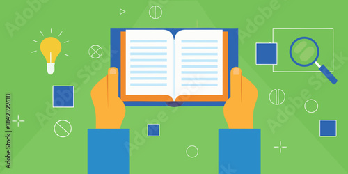 Open book with hands lightbulb and magnifying glass learning and knowledge concept