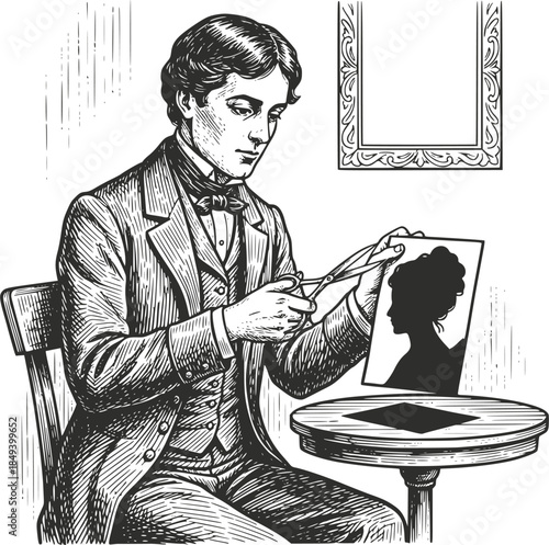 Vintage woodcut illustration of a Victorian gentleman meticulously cutting a female silhouette portrait with scissors. Detailed retro artisan scene, isolated on white.