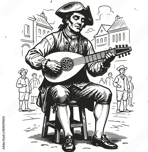 Vintage woodcut illustration of an 18th-century musician in a tricorn hat playing a lute in a busy town square. Retro street performer scene, isolated on white background.