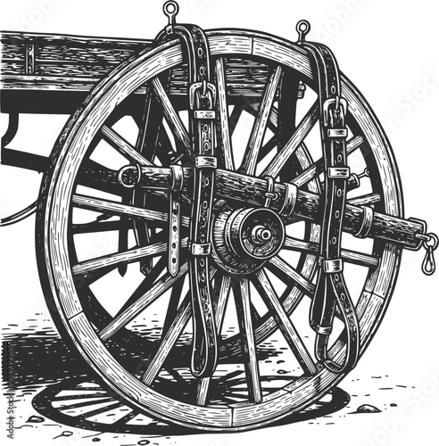 Vintage woodcut illustration of a large antique wagon wheel with leather harness straps. Detailed retro rustic farm equipment, isolated on white background. Archival graphic art.