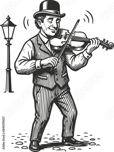 Vintage woodcut illustration of a Victorian street musician in a bowler hat playing a violin near a gas lamp. Retro urban performer scene, isolated on a white background.