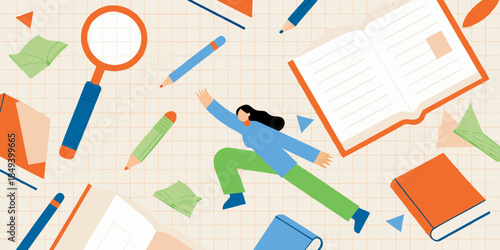 Exploring knowledge a girl dives into an open book with school supplies