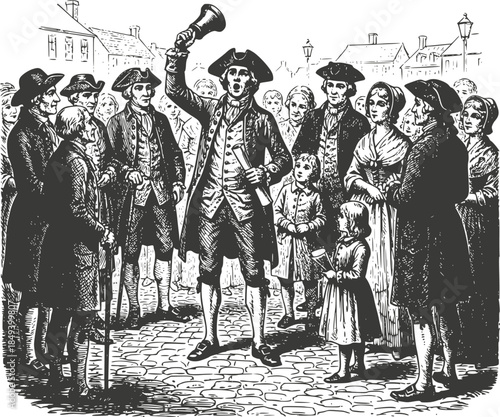 Vintage woodcut illustration of an 18th-century town crier ringing a bell to announce news to a crowd in a colonial square. Detailed retro historical scene, isolated on white.